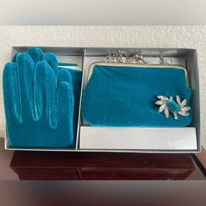 Vintage KMart holiday purse and glove set. Teal/Turquoise in color. New in box.